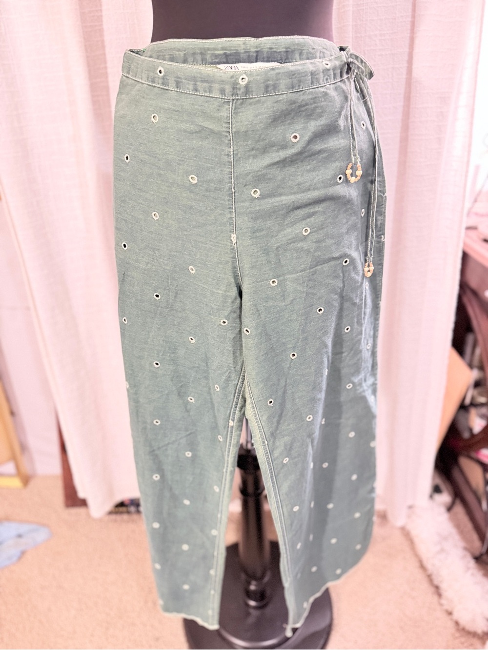 Zara Sage Green Embroidered Eyelet pants